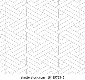 Pattern with thin straight grey lines and geometric shapes on white background. Seamless abstract monochrome linear texture. Modern hexagonal background. Linear graphic design in Arabic style.