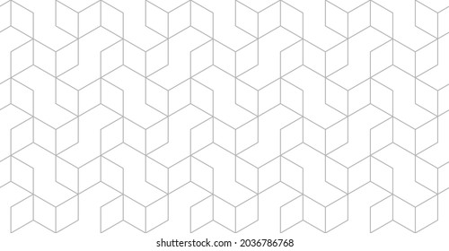 Pattern with thin straight grey lines and geometric shapes on white background. Seamless abstract monochrome linear texture. Vector hexagonal background. Linear graphic design for print.