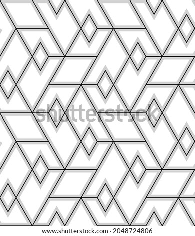 Pattern with thin straight grey lines and geometric shapes on white background. Seamless abstract monochrome linear design. Vector hexagonal background. Linear design for textile, wrapping, wallpaper.
