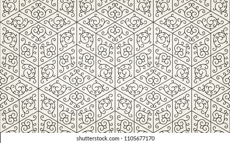 Pattern with thin straight lines and floral elements. Abstract seamless texture. Stylish monochrome background. Vector rapport for swatches.