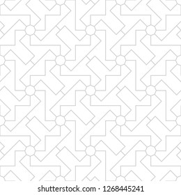 Pattern with thin straight lines and geometric shapes on white background. Abstract seamless linear stylish white  texture. Monochrome modern background. Linear graphic illustration.