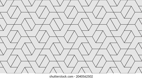 Patrón con líneas rectas finas y formas geométricas. Textura lineal monocromática abstracta sin inconvenientes. Fondo hexagonal vectorial. Diseño gráfico lineal para impresión, tela, envoltura. Entramado decorativo.