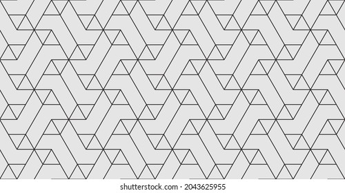 Pattern with thin straight lines and geometric shapes. Seamless abstract monochrome linear texture. Vector hexagonal background. Linear graphic design for print, fabric, wrapping. Decorative lattice.
