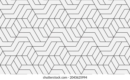 Pattern with thin straight lines and geometric shapes. Seamless abstract monochrome linear texture. Vector hexagonal background. Linear graphic design for print, fabric, wrapping. Decorative lattice.