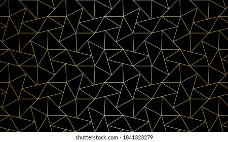 Pattern with thingolden lines and polygons on black background. Stylish abstract geometric diamond texture in light color. Seamless linear pattern for fabric, textile and wrapping.
