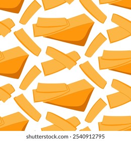 Un patrón de trozos finos de queso cheddar. Un trozo triangular de queso naranja duro, cortado en rodajas planas realistas. Textura con productos lácteos cortados en rodajas finas. Piezas dispersas