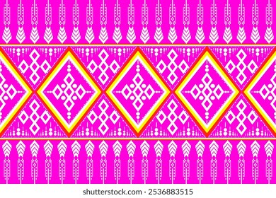 The pattern in this picture is a native geometric pattern that is carefully arranged. Use bright pink contrasting with white, yellow and orange to create a distinctive and eye-catching. The main shape