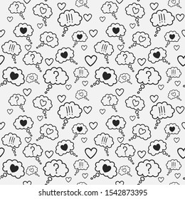 pattern with thoughts of love, exclamation, question mark, black and white hearts in clouds on grey background