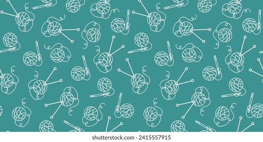 Pattern. Threads skein. A ball of wool. Hobbies, Crafts, Handmade. Doodle style. Items and tools for knitting. Vector seamless background.
