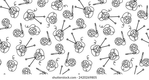 Pattern. Threads in a skein. A ball of wool. Hobbies, Crafts, Handmade. Doodle style. Items and tools for knitting. Vector seamless background.