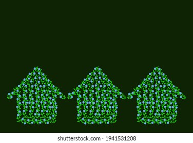 Pattern of three eco green summer house made of tree branches with leaves and blue flowers isolated on dark background. Copy space. Healthy countryside living. Nature banner. Cottage rental or sale.
