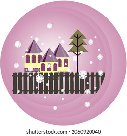 Patrón con tres casas, abeto y copos de nieve sobre fondo morado. Ilustración vectorial para el diseño de tarjetas de Navidad y Navidad, regalos, accesorios