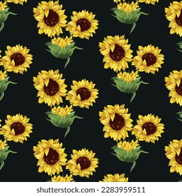 pattern of three yellow-hot and one green sunflowers on a black background