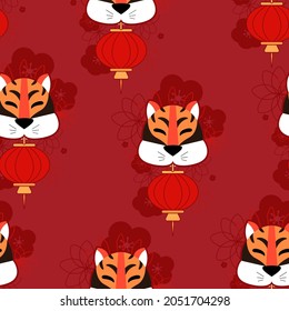 Pattern tiger with Chinese lantern and flowers vector illustration on color background