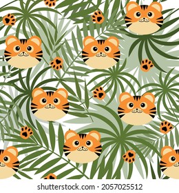 Pattern with tiger cubs on a background of tropical leaves, color vector illustration on a white background