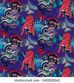 Pattern of tiger and dragon. Suitable for fabric, wrapping paper and the like. Vector illustration