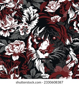 pattern tiger hiding behind flowers and leaf traditional