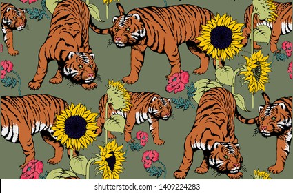 Pattern of tiger and sunflower. Suitable for fabric, wrapping paper and the like. Vector illustration