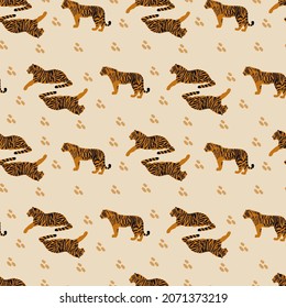 The pattern with tigers 2022 is a symbol of the year. Background with a wild red animal. Illustration for the new year for textiles or print clothes. Vector illustration