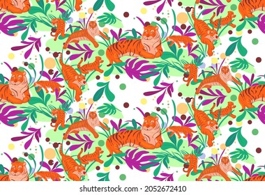 Pattern with tigers and leaves. Cartoon illustration. Illustration set of red tigers in various poses standing, sitting, lying down, beckoning