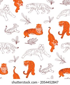 Pattern with tigers and leaves. Cartoon illustration. Illustration set of red tigers in various poses. Set of hand drawn vector skech. Outline illustration.