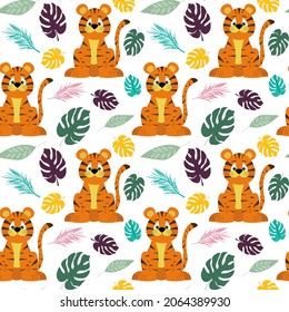 Patrón con tigres y hojas de palma. Pequeños cachorros de tigre chinos. Ilustración vectorial. Para su uso en embalajes, impresiones, productos para bebés, tiendas, folletos y portadas.