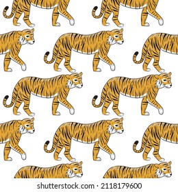 Patrón con tigres en vector. Patrón luminoso y transparente con tigres sobre un fondo blanco aislado.
