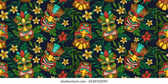 Pattern Tiki Hawaiian. Seamless tropical, aloha totem mask. Tropical flower print, sign vintage. Hawaii beach palm. Vector tidy tribal cartoon summer decor textile, wrapping paper, wallpaper design