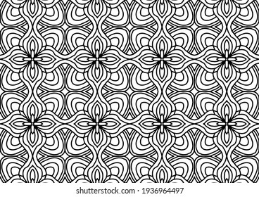 pattern tile drawn with abstract flowers in folk style on a white background for coloring, vector