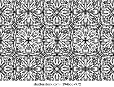 pattern tile with flowers and abstract linear ornaments in folk style on a white background for coloring, vector