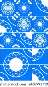 Pattern tiles made of geometric shapes. Geometric shapes in white on blue.