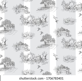 Pattern with toile de jouy drawing of village scenes with trees houses birds