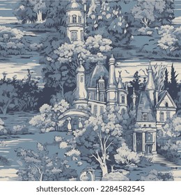 pattern of toile de jouy house on a garden