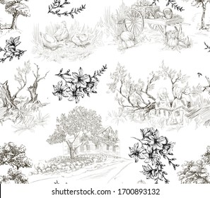 Pattern in toile de jouy stile with countryside landscapes with house, trees, ducks.