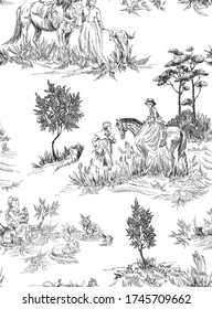 Pattern in toile de jouy stile with walking people with animals like horse, cat, dog, riding horse, girl with kitten, women with flowers, trees  black and white