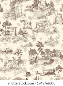 Pattern in toile de jouy stile with landscape with castles, river and houses and trees, walking people, woman with flowers, horse im beige and brown color svg