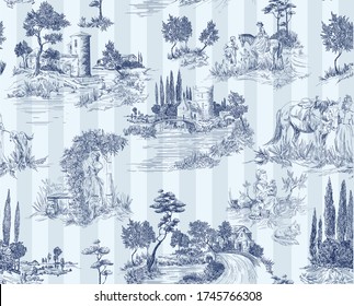 Pattern in toile de jouy stile with landscape with castles, river and houses and trees, walking people, woman with flowers, horse blue color with stripes