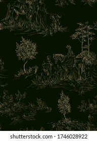 Pattern in toile de jouy stile with walking people with animals like horse, cat, dog, riding horse, girl with kitten, women with flowers, trees  in gold and black color