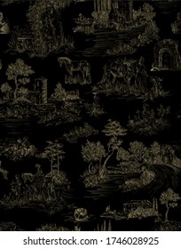 Pattern in toile de jouy stile with landscape with castles, river and houses and trees, walking people, woman with flowers, horse in gold color on black background