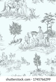 Pattern in toile de jouy style with walking people with animals like horse, cat, dog, riding horse, girl with kitten, women with flowers, trees  in blue and grey color