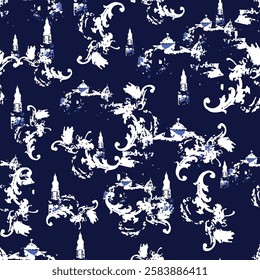 Pattern Toiler de Jouy style, blue colors, perfect for stamping fabrics and decorative paper. Ready to color and repeat. Vector and all over print