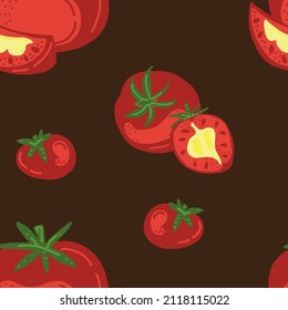 Pattern tomato. Seamless. Whole and half. Good for fabric, kitchen potholders, kitchen mitts, aprons, tablecloths, coasters. Vector hand draw cartoon illustration.