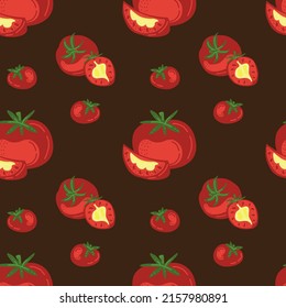 Pattern tomato. Seamless. Whole and half. Good for fabric, kitchen potholders, kitchen mitts, aprons, tablecloths, coasters. Vector hand draw cartoon illustration.