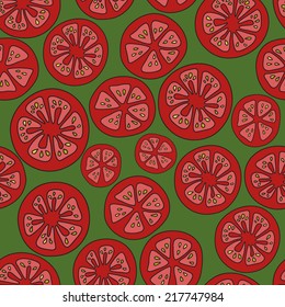 Pattern of the tomato slices on a green background