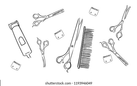 pattern from tools for grooming dogs. Scissors, clipper, brushes and comb. Thinning, straight and curved scissors. Illustration of lines and silhouettes.