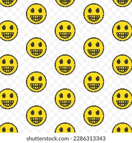 Pattern of tooth smile emoticons in transparent background. 8-bit pixel art backdrop. Vector illustration. Vector Illustration