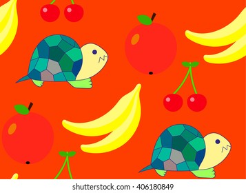 Pattern Tortoise and fruit, apple, cherry, banana on an orange background. Bright children's drawing, pattern, for printing on fabric, paper, packaging, wallpaper. Cute little creatures with fruit.