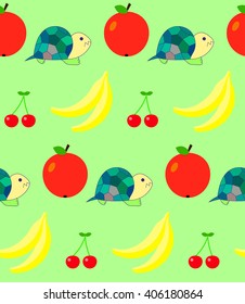 Pattern Tortoise and fruit, apple, cherry, banana on an green background. Bright children's drawing, pattern, for printing on fabric, paper, packaging, wallpaper. Cute little creatures with fruit.