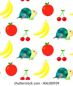 Pattern Tortoise and fruit, apple, cherry, banana on an white background. Bright children's drawing, pattern, for printing on fabric, paper, packaging, wallpaper. Cute little creatures with fruit.