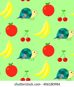 Pattern Tortoise and fruit, apple, cherry, banana on an green background. Bright children's drawing, pattern, for printing on fabric, paper, packaging, wallpaper. Cute little creatures with fruit.